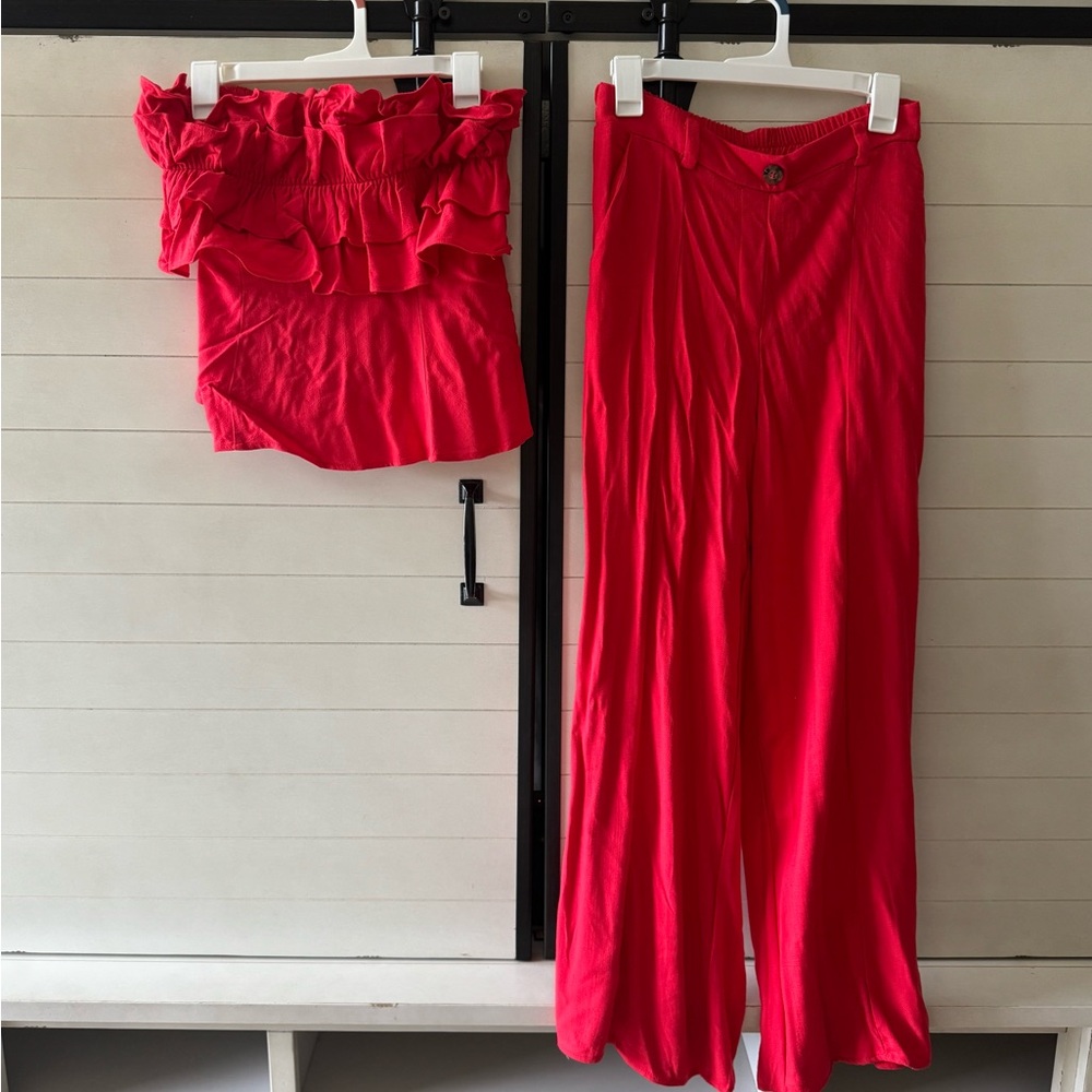 Sienna Sky Vibrant Red strapless top and Wide Leg Pant set